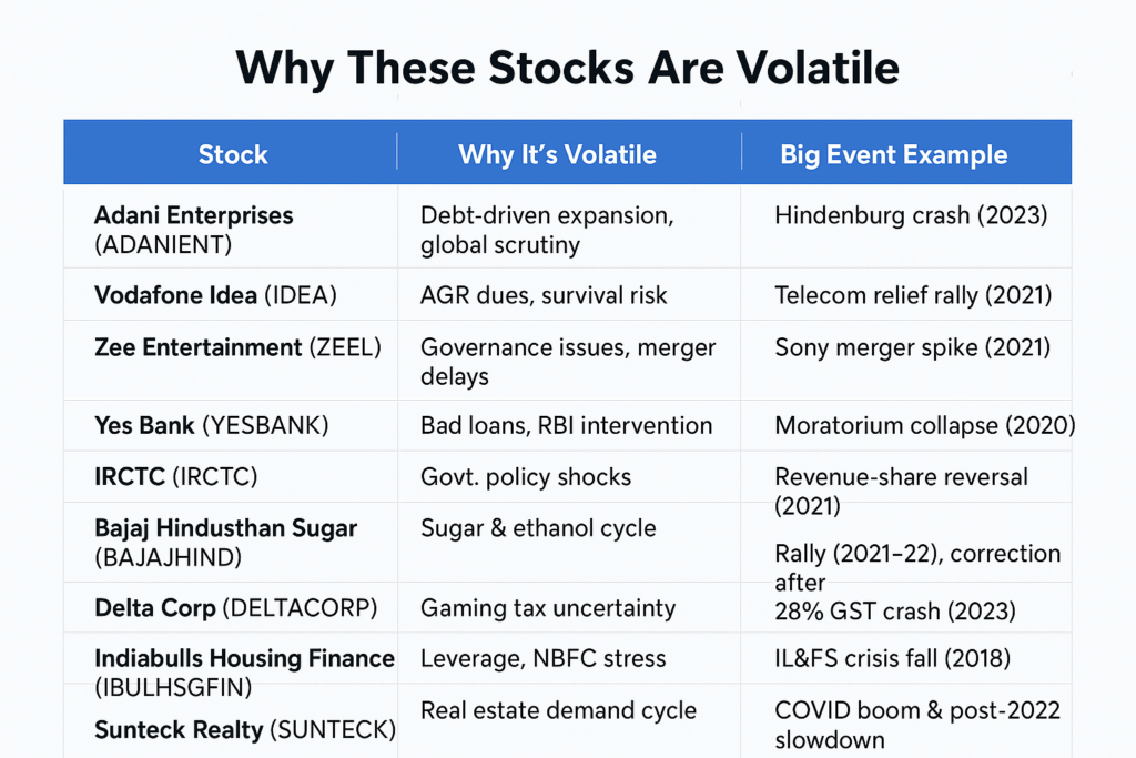 Table showing 10 volatile NSE stocks with reasons and events, including Adani (Hindenburg crash 2023), Vodafone Idea (AGR dues), Zee (Sony merger), Yes Bank (bad loans), IRCTC (policy shocks), Bajaj Hindusthan (sugar cycle), Delta Corp (GST tax), Indiabulls (NBFC stress), Sunteck (real estate cycle), and Jindal Steel (commodity swings)